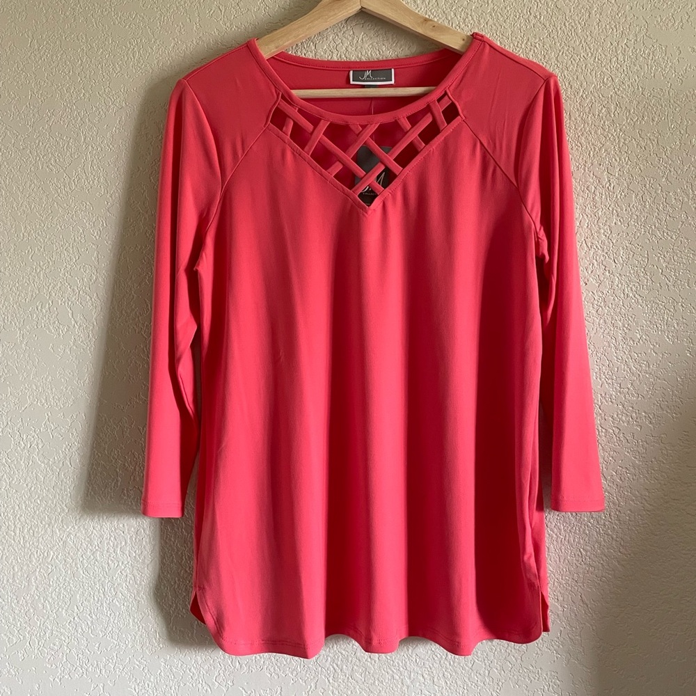 NWT - Flowy Salmon Colored Top with Criss-Cross detail, 3/4 sleeve